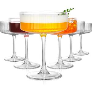 Vintage Ribbed Coupe Glasses Set of 6-11oz Clear 100% Crystal Martini Glasses Elegant Cocktail Glasses, Transparent Glassware for Champagne, Margaritas, Espresso with a Rose Ice Mold