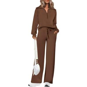 PRETTYGARDEN Women's 2 Piece Outfits Casual Lapel Half Zip Sweatshirts and Wide Leg Pants Tracksuit Sets (Medium, Brown)