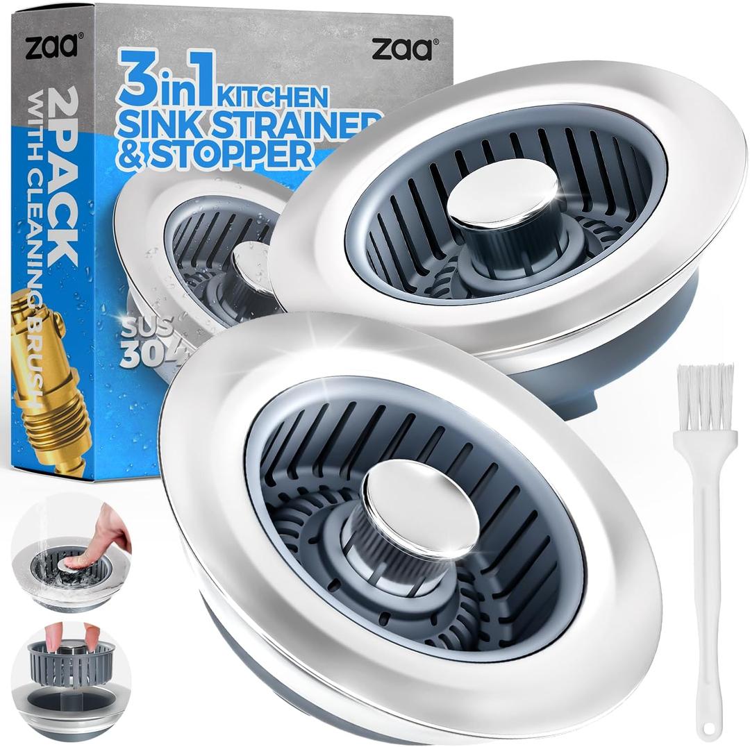 zaa Kitchen Sink Drain Strainer - Kitchen Sink Stopper, Stainless Steel Kitchen Drain Plug & Cover with Anti-Clogging Basket Strainer, Fit US Standard 3-1/2'' Sink Drain Hole, Silver