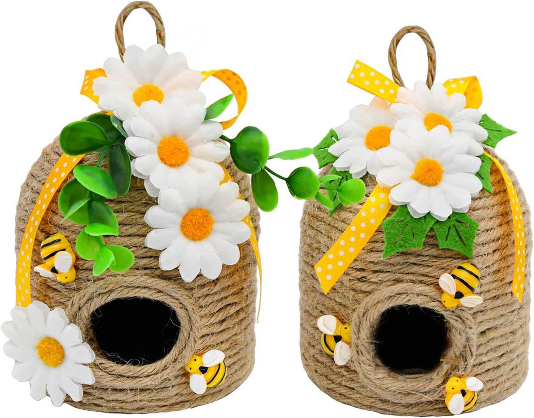 Bee Hive Decor, 2 Pack Farmhouse Bee Decorations for Home Indoor, Spring Summer Bee Themed Home Decor for Kitchen, Living Room, and Mantel, Sunflowers Decorations
