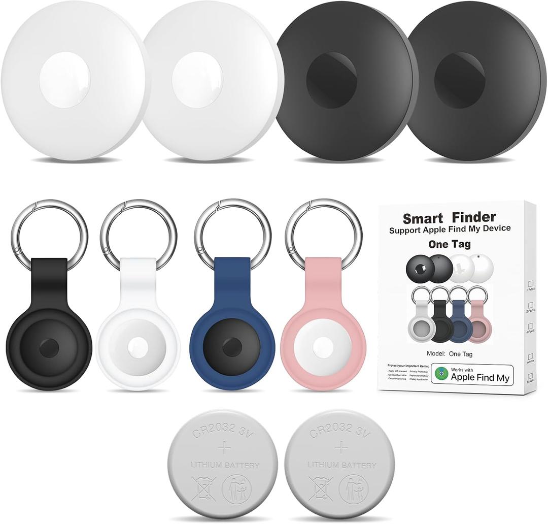 Air Tracker Work with Apple Find My App (iOS Only), 4-Pack Bluetooth + UWB Smart Tag, Include 2pcs Extra Replaceable 2032 Batteries, Silicone Case, Item Locator Finder for Keys Vehicles Luggage Bags