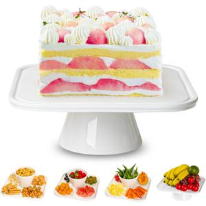 10" Square Ceramic Cake Stand 5-in-1 - White Pedestal Serving Platter for Wedding Birthday Party Baby Shower, Dessert Cupcake Fruit Display Stand, Multifunctional Kitchen Centerpiece (10" x 10" x 3.7")