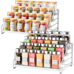 RCHYFEED 4 Tier Spice Rack Organizer, Spice Organization for Cabinet,Pantry, Countertop,Tiered Spice Rack Easy Visibility,Depth Expandable Seasoning Shelf for Kitchen Cabinet Organizer,Silver,2 PACK