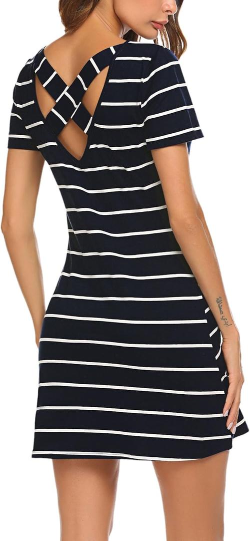 Feager Women's Casual Striped Criss Cross Short Sleeve T Shirt Dress (Large, 04 Black)
