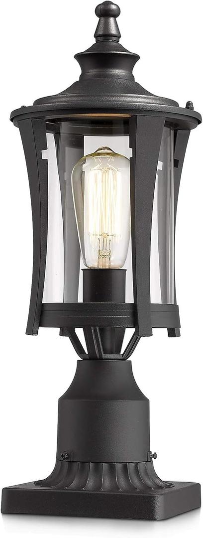EAPUDUN Outdoor Lamp Post Light Fixture, Waterproof 18 Inch Post Light with 3" Pier Mount Base, Matte Black Cast Aluminum Finish with Clear Glass Lantern for Driveway, Garden & Patio