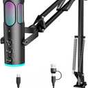 PUPGSIS Gaming Microphone for PC, USB Condenser Mic for PS4/5 and Mac, Noise Cancellation Computer Mic with Mute, Reverb, Adjustable Boom Arm, Pop Filter for Streaming/Podcasting/Recording/YouTube