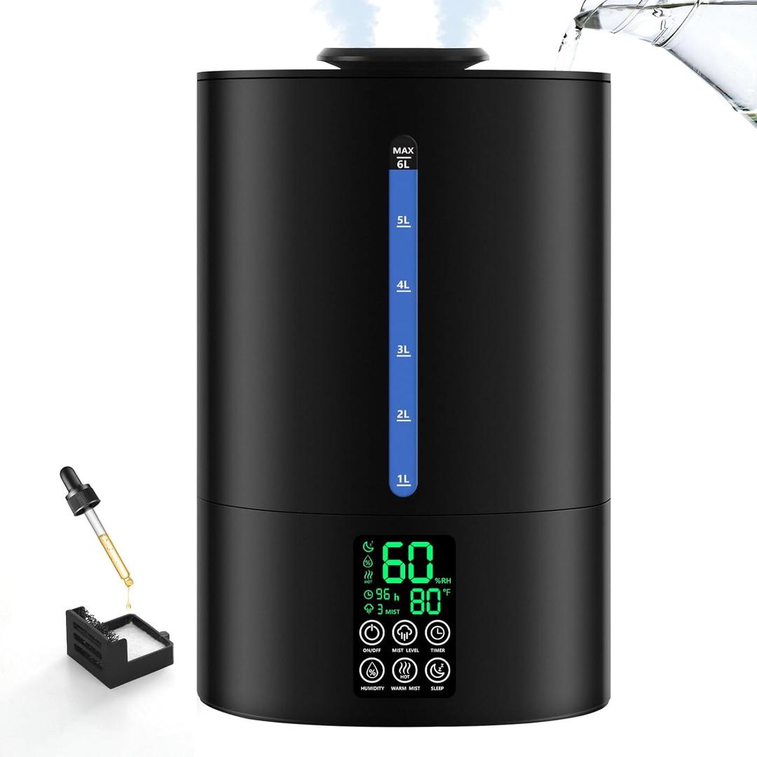 6L Humidifiers for Bedroom Large Room Home, Cool and Warm Humidifier for Plants Mist Top Fill Desk Humidifier Essential Oil Diffuser, Quiet Humidifiers with Adjustable Mist,360Nozzle-Graphite (6L, I-Graphite)