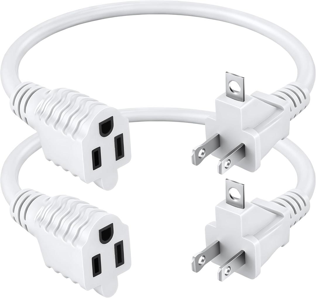 Dreyoo 2 Prong to 3 Prong Adapter with Extension Cord, Polarized Grounding Outlet Adapter, Fireproof 16AWG Wall Outlet Plug for Home Office RV Household Appliances Industrial (1ft,White,2 Pack)