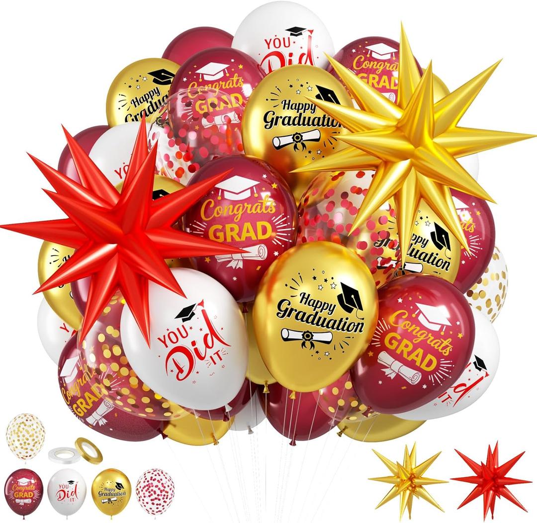 Red and Gold Graduation Balloons, 51 PCS Congrats Grad Balloons, 22 Inch Gold Red Star Foil Balloon and 12 Inch Grad Confetti Latex Balloon for College High School 2026 Graduation Decorations