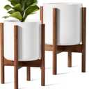 LE TAUCI Indoor Planter with Stand, 10 + 8 Inch, Set of 2, Ceramic Pot for Indoor Plants with Acacia Wood Holder, Mid-Century Modern Home Decor, Round Flower Pots with Drainage Hole, White