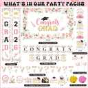 Pink Floarl Flower Graduation 2026 Party Decoration Set Include Congrats Grad Backdrop Porch Sign Congrats Grad Triangle Banner Cake Topper Honeycomb Centerpieces Hanging Swirl for Party Supplies