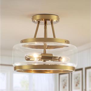 Enjoy the lights 11.8" Gold Semi Flush Mount Ceiling Light, Small Ceiling Lighting Modern Clear Glass Flush Mount Drum Light Fixture for Dining Room Foyer Entryway Bedroom Kitchen Bathroom 3-Light