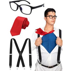 3 Pcs Halloween Classic Cinema Reporter Nerd Cosplay Accessories Set Include Black Nerd Glasses Red Solid Color Tie Formal Necktie Solid Suspender for Boys Men Cosplay Party Dress up