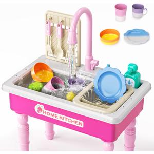 Doloowee Color Changing Kitchen Sink Toys,Electric Dishwasher Playing Toy Play Sink for Kids 3-5 with Running Water,Upgraded Faucet and Play Dishes,Pretend Play Kitchen Toys for Kids Boys Girls(Pink), 0.55 cubic feet