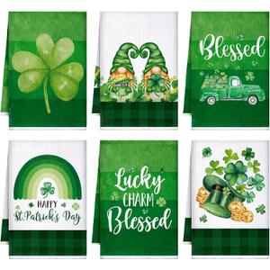 Honoson 6 Pcs St Patrick's Day Kitchen Towels St. Patrick's Day Dish Towels Shamrocks Gnomes Plaid Absorbent Bathroom Set Tea Cloth for Kitchen Home 16 x 24 Inches(Bright Green,Shamrock)