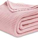 Bedsure 100% Cotton Blanket Queen Size for Bed - Breathable and Soft, Waffle Weave Blanket for Summer Spring, Pink, 90x90 Inches
