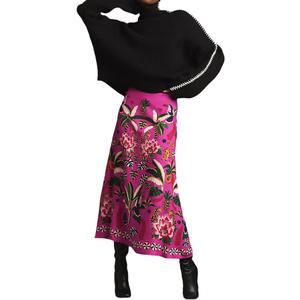 THLAI Womens Skirt Midi Skirt Tropical Plant Print Pink Zipper A-Line Long Skirts Spring Summer Skirt Floral, XL