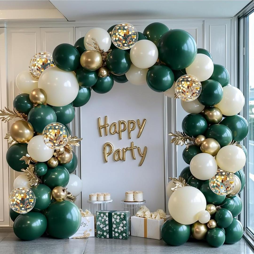 Emerald Green and Gold Balloons Arch Kit, Double Stuffed Dark Hunter Forest Green Pearl Sand White Metallic Gold Balloons for Jungle Wedding Birthday Graduation Party St. Patrick's Day Decorations, Green White Gold