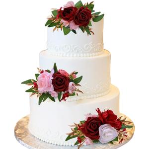 CherishedMoments 3Pcs Burgundy Red Wedding Cake Topper Set, Artificial Flowers Decor for Wedding Ceremony, Anniversary & More