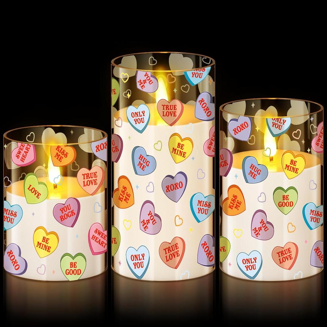 Blosssound 3 Pack Valentine's Day Flameless Candles Battery Operated Conversation Hearts Flameless Flickering Candles LED for Home Romantic Valentine's Collection Gifts Holiday Table Decorations (Colorful)