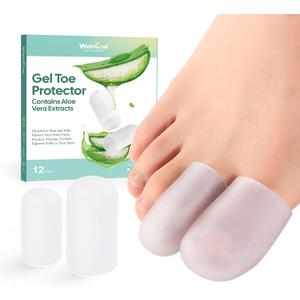 Welnove Gel Toe Cap and Protector - Silicone Toe Covers - Toe Cushions for Pain Relief, Missing or Ingrown Toenails, Corns, Calluses, Blisters - Infused Aloe Vera Extract (4 Large + 8 Medium, Clear) (Multi-Size)