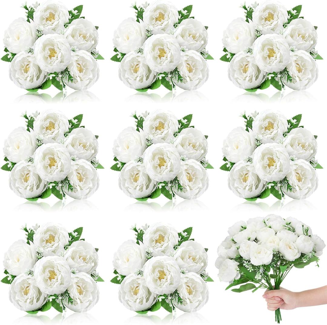 8 Pack White Peonies Artificial Flowers, Fake Silk Hydrangea Bouquet for Bridal Wedding Home Table Decor Reusable Dining Opening Ceremony Birthday Arrangement Faux Floral