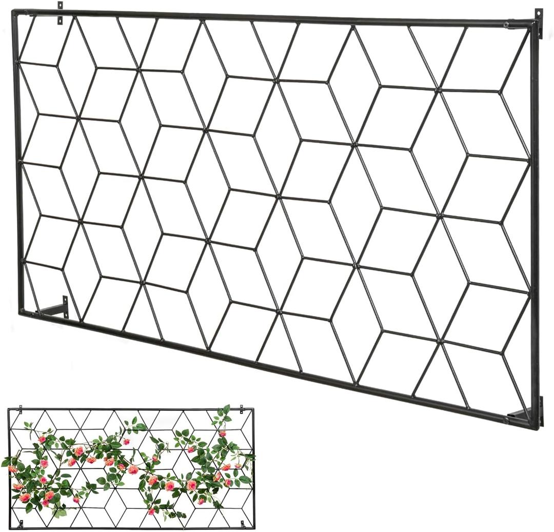 MyGift 4 Foot Geometric Cube Pattern Style Matte Black Metal Wire Garden Trellis, Wall Mounted Large Support Lattice Frame for Climbing Plants and Crawling Vines