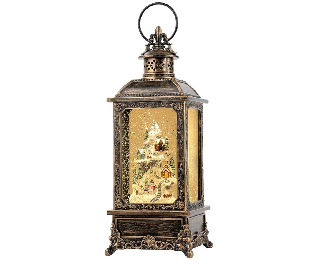 Christmas Snow Globe Lantern Water Glittering Snow Mountain Village with Music & Timer, USB Lined/Battery Operated Lighted Lantern for Christmas Festival Decoration Gifts