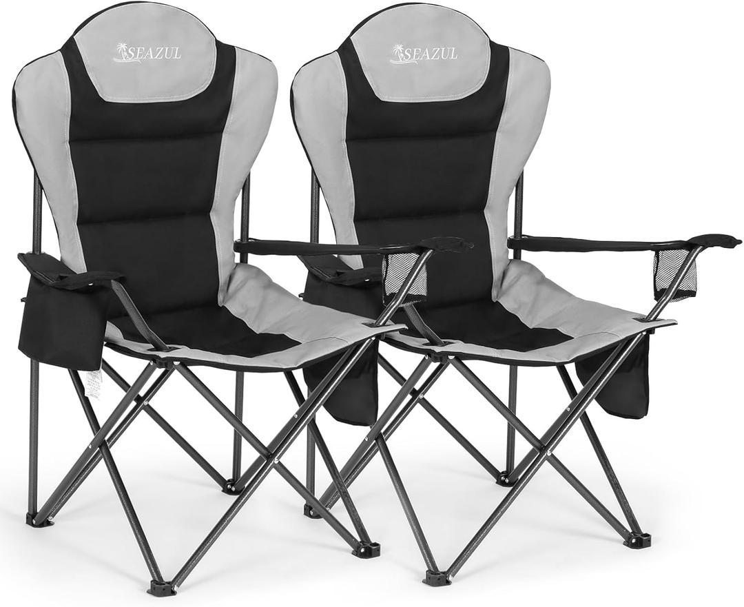 Camping Chairs 2 Pack, Camp Chair for Adults, Folding Chairs for Outside, Support 380 LBS, Portable Travel Lawn Outdoor Camping Chairs with Cup Holder & Cooler Bag, Sports Chairs for Baseball (Black)