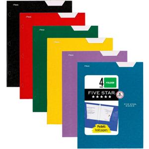Five Star 4-Pocket Folder, 6 Pack, Paper Folder, Fits 3-Ring Binders, Holds 8-1/2" x 11" Paper, Assorted Colors (38058) (Black, Blue, Red, Green, Purple, White)