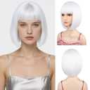 White Bob Wig with Flat Bangs Include Wig Cap Heat Resistant Synthetic Fiber 12" Short Corlorful Wigs for All Women Halloween Costume Party (White)