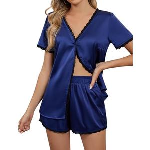 Blooming Jelly Women's Satin Pajama Set 2 Piece Lounge Pjs Shorts Set Summer Button Down Sleepwear Cozy Loungewear, Size: L