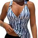 COZYEASE Women's 2 Piece Tie Dye Tankini Swimsuits Tummy Control Crisscross Tie Back Bathing Suit Boho Swimwear (X-Large, Blue)