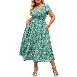 Hanna Nikole Women's Plus Size Summer Maxi Dress Short Sleeve Smocked Square Neck Casual Floral Flowy Dresses with Pockets
