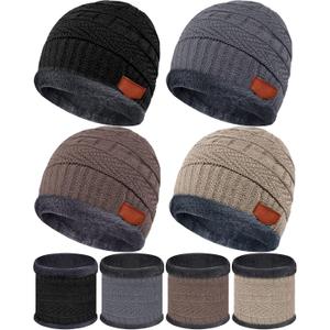 Syhood 4 Sets Kids Winter Hat and Scarf Set Warm Fleece Lining Beanie Hats Knitted Cap Scarf for 5-14 Years Boys Girls (Black, Gray, Brown, Khaki)