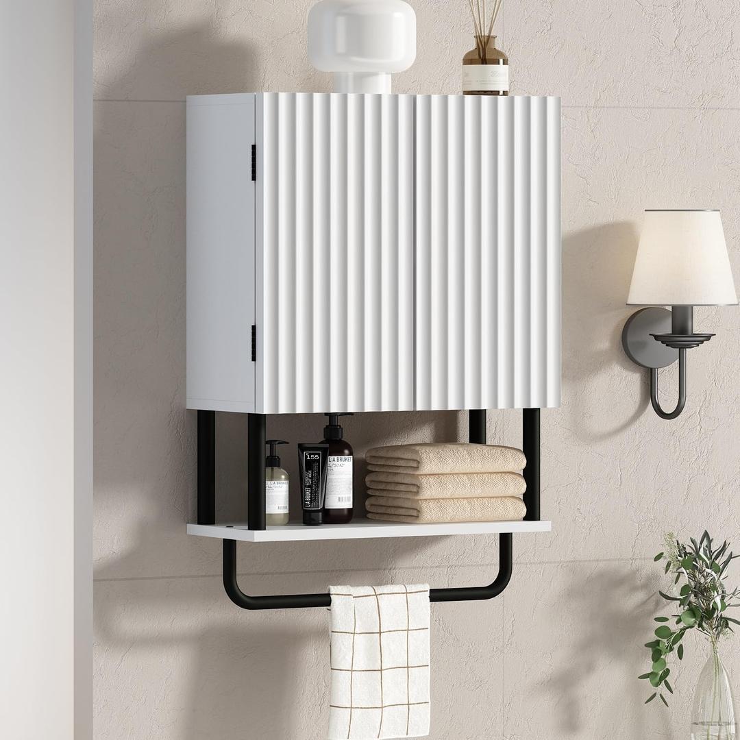 RUSTOWN Fluted Bathroom Wall Cabinet with 2 Doors, 3-Tier Modern Farmhouse Medicine Cabinet, Over The Toilet Storage Cabinet with Adjustable Shelf and Towel Bar(White, Small)