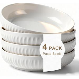 8 Inch Ceramic Pasta Bowls set of 4, 40 Oz White Serving Bowls - Microwave, Dishwasher & Oven Safe, Shallow Soup Bowls for Salad, Pasta, Cereal