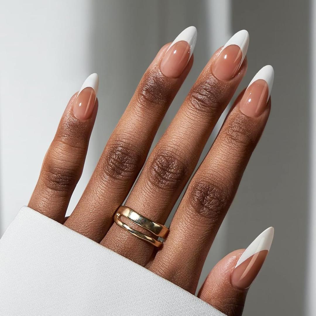 BTArtbox French Tip Press On Nails - Medium Press On Nails Almond, Natural Fake Nail with Nail Glue, Brown Glue On Nails in 16 Sizes - 32 Fake Nails Kit, Capable