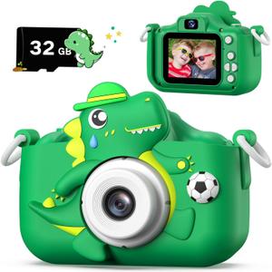 Dinosaur Kids Camera for Boys Girls, Toddler Digital Selfie Camera with Cute Protective Cover and 32G SD Card, Christmas Birthday Gifts Toys for 3 4 5 6 7 8 9 10 11 12 Years Old Little Girls and Boys (Green)