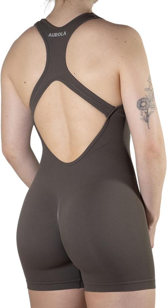 AUROLA Power Romper for Women Workout Yoga Gym Seamless One Piece Racerback Jumpsuit Tummy Control Padded Sports Bra (Small, Chestnut Brown)