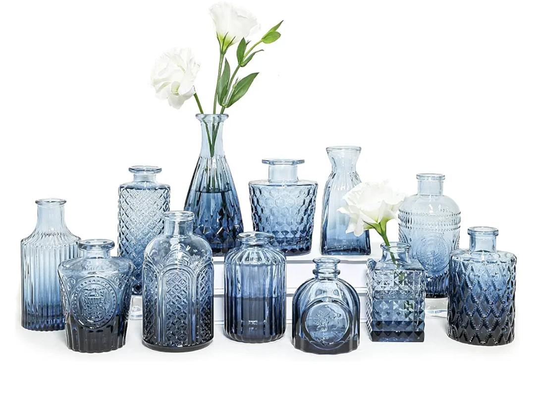 SUPMIND Glass Bud Vase Set of 12, Small Blue Flower Vases for Centerpieces in Bulk, Mini Vintage Vase for Wedding, Home,Table Decoration