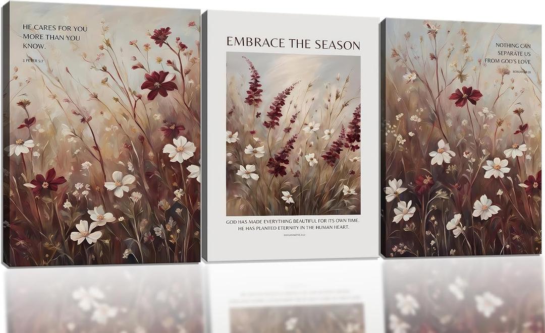 3 Pcs Vintage Framed Wall Art, Red Floral Biblical Canvas Prints, 16x24 in | Ready to Hang Rustic Farmhouse Wall Decor Set. Vintage Style Canvas Painting Artwork for Bathroom, Bedroom & Living Room.