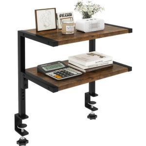 IBUYKE Clamp on Desk Organizer Shelf,12.9 inches Desk Extender Shelves, Above or Below Desk 2-Tier Adjustable Storage Shelves for Desktop Accessories,Rustic Brown,TMZ007H