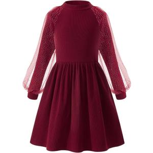 Little Bitty Girls Long Sleeve A-Line Sparkle Tulle Dress, Mock Neck Detachable High Low Mesh Skirt with Pockets Burgundy, 4-5Y