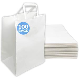 Reli. 100 Pack | 10"x6.75"x12" | Large White Paper Bags w/Handles | Ideal for To Go/Take Out/Restaurant Bags with Handles, Shopping, Retail, Gifts | 25% larger than 10"x5"x13"