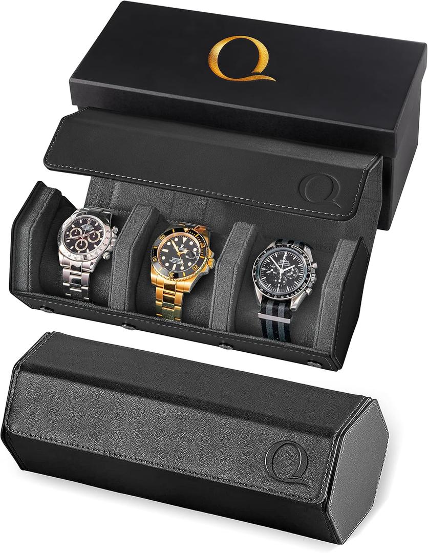 QWATCHBANDS Napa Leather Watch Rolls for Men - Hexagon Triple Watch Roll Travel Case for 3 Watches - Storage Organizer Genuine Leather with Velvet Interior Display (Green/ Cream)