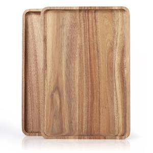 2 PCS Solid Acacia Wood Serving Trays 13 * 9 inch Rectangular Wooden Serving Platters Natural Wooden Boards for Bar Coffee Party（Wood Log Color）