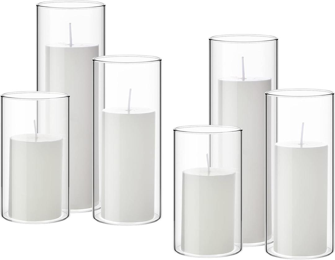 Shihanee Set of 6 Pillar Candles and Glass Cylinder Vases Clear Cylinder CandleHolders for Slim Tall Pillar Candles Wedding Centerpieces(2.6'' X 4.7'', 5.9'', 7.9'',White)
