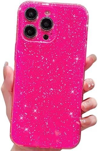 Finyosee Compatible with iPhone 14 Pro Max Case 6.7 inch, Cute Neon Bright Color,Glitter Bling Thin Slim Shockproof Silicone Sparkly Case, Soft TPU Phone Case for Women Girl-Hot Pink
