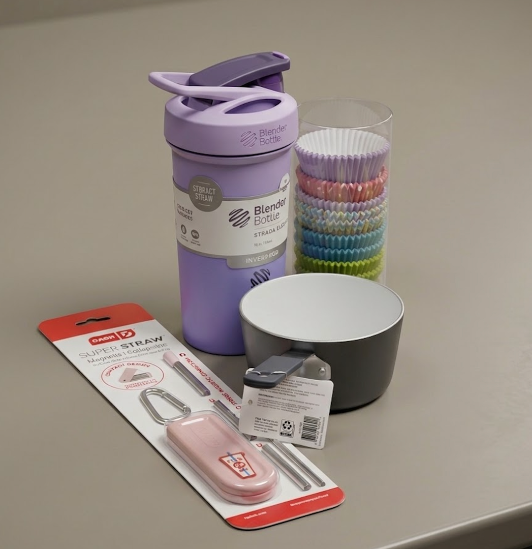 Blender Bottle, Collapsible Straw, Muffin Cup Paper, Bowl Pan for Cooking, Kitchen Set 4 Pack